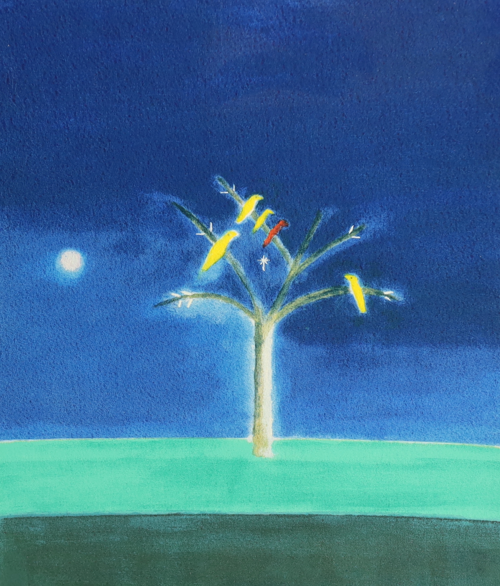 Craigie Aitchison C.B.E., R.A., R.S.A. (Scottish, 1926-2009), Canaries on a Tree / Out of the Ordinary, Screenprint in colours, 2003, 28 x 23cm